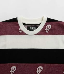 Tired Sad Skull Striped Jacquard T-Shirt - Burgundy -FLATSPOT Sales tired sad skull striped jacquard t shirt burgundy 3